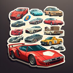 sticker collection, cars speed race wheels cartoon 
glue black childhood school old renovated many 
on each other Generativ AI