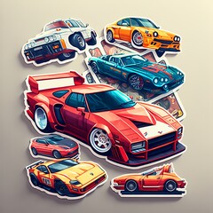 sticker collection, cars speed race wheels cartoon glue black childhood school old renovated many on each other  fast with start number nitro tunning sport  Generativ AI