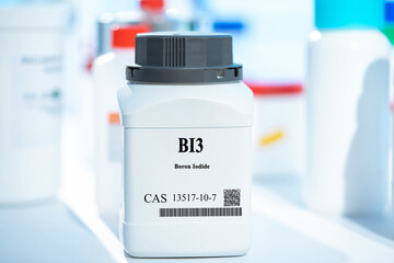 BI3 boron iodide CAS 13517-10-7 chemical substance in white plastic laboratory packaging