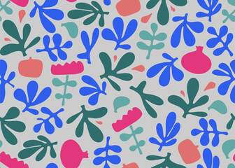 Abstract vector seamless pattern of leaves and pomegranates. Fabric flower leaf textile fashion print in Matisse style. Ethnic trend background. Tropical jungle floral texture.