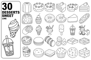 Desserts Sweet Food Line Outline Icon illustration Element Set 30 Item