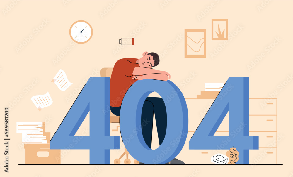 Aufkleber tired person concept. man lies on numbers 404, graphic element for website. technical problems and w