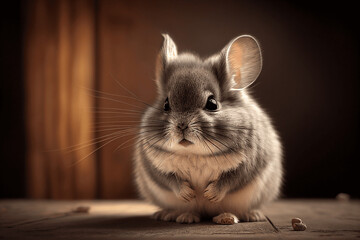 Close-up Fluffy Gray Chinchilla on Wood Floor (ai generated) 