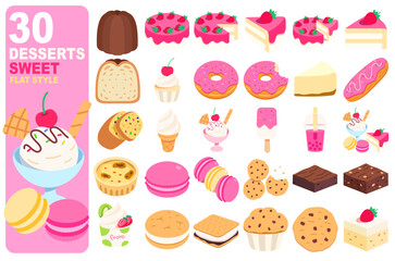 Desserts Sweet Food Flat Icon illustration Element Set 30 Item