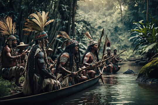 artificial intelligence-generated image of Amazonian aboriginal Indians crossing a river and looking like warriors