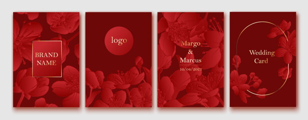 Set of spring backgrouds with sakura flowers. Cherry blossoms. Design for card, wedding invitation, cover, packaging, cosmetics. Red and golden colors.