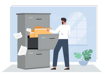 Personal files concept. Man in archive or storage looking for documents, paper work. Employee in office with folders. Systematization and protection of information. Cartoon flat vector illustration