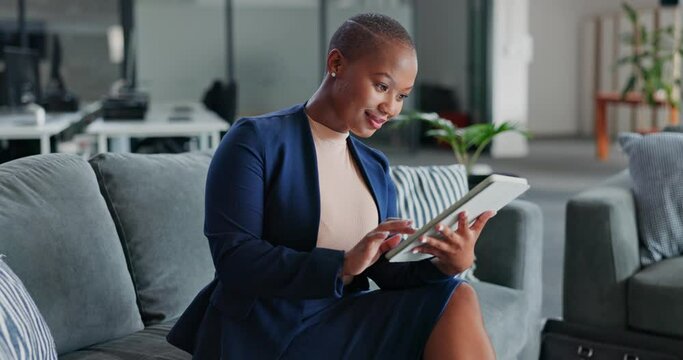 Tablet, business lounge or black woman typing feedback review of finance portfolio, stock market or investment. Finance economy, forex account manager or trader trading NFT, bitcoin or cryptocurrency