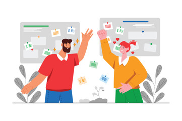 Gray concept Happy people with people scene in the flat cartoon style. Boy and girl rejoice together for each other's success. Vector illustration.