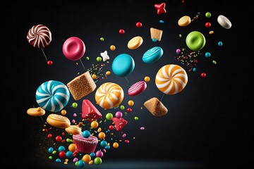  a bunch of candies and lollipops are flying in the air with a black background and a black background with a black backdrop. Generative AI