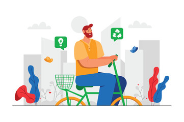 Ecological transport gray concept with people scene in the flat cartoon design. Man moves around the city on a bicycle so as not to pollute the air. Vector illustration.