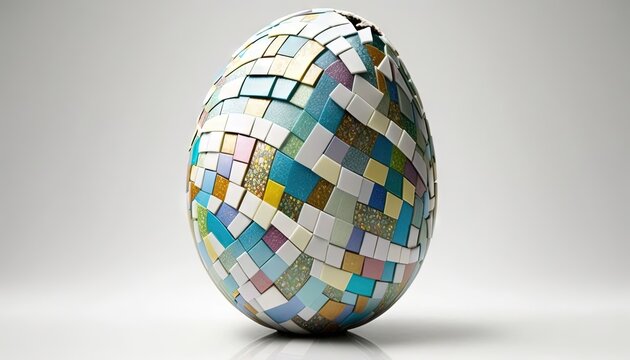  a mosaic egg sitting on top of a white tablecloth covered table top with a white background and a gray wall in the back ground. Generative AI