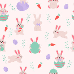 Happy easter seamless pattern with funny rabbits holding chickens eggs carrots