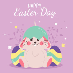 Flat easter background. Rabbit, eggs
