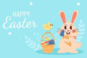 Flat easter background. Rabbit, eggs, chicken