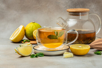 Bergamot tea drink and fresh bergamot, Clean eating, dieting, vegan food concept. top view