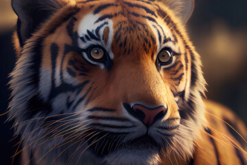 Wild beautiful tiger close-up. Cinematic lights.
Digitally generated AI image.