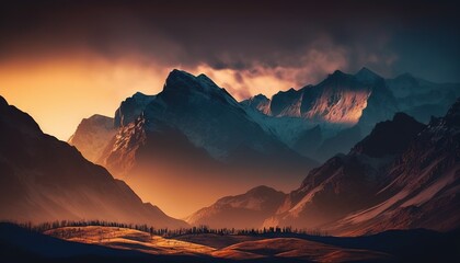  a mountain range with a sunset in the background and clouds in the sky above it, with a few trees in the foreground, and a few clouds in the foreground. Generative AI