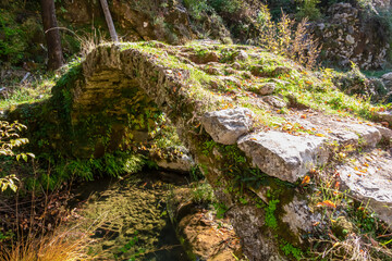 Old stone arched bridge covered with moss in idyllic village Poseljani in valley of Seljani stream that goes down to Lake Skadar, Bar, Montenegro, Balkans, Europe. Travel destination in Dinaric Alps