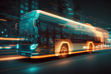 Electric bus in a smart city with dynamic lines powerful speed. Futuristic transportation concept. Generative ai. - obrazy, fototapety, plakaty
