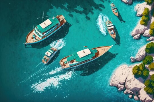 airborne boats. aerial view of the Turkish coast. Clear, summertime water in a sunny day. aerial view of boats from the top. aerial view of the sea in summer. image of travel. Generative AI