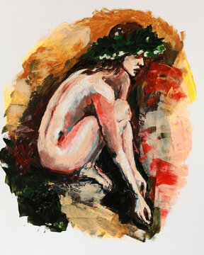 Young naked woman with a wreath on her head is sitting. Modern oil painting