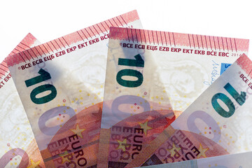 European cash banknotes with a face value of 10 euros close-up