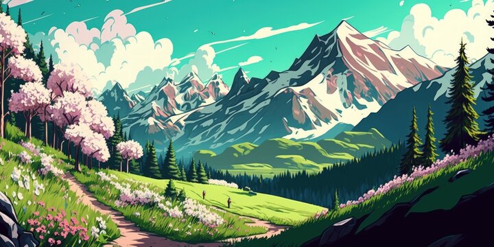 A picture perfect Alps scene with lush, green meadows, blossoming flowers, and snow capped mountain peaks in the distance. Generative AI