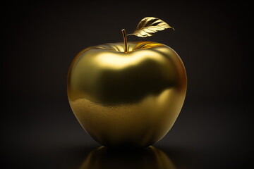 Golden Apple with Golden Leaf on black background, Isolated, Generative Ai