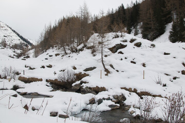View of alpine creek in Valley Aurina with snow, Italy