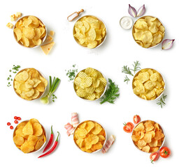 Set or collection of different flavor potato chips or crisps - 569585461