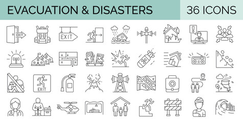 Fototapeta na wymiar Set of 36 editable stroke icons related to evacuation, disasters, emergencies. Collection of outline symbols. Vector illustration