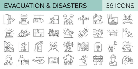 Set of 36 editable stroke icons related to evacuation, disasters, emergencies. Collection of outline symbols. Vector illustration