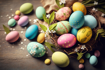 Fototapeta na wymiar Colorful background of easter eggs collection, easter celebration, created with Generative AI