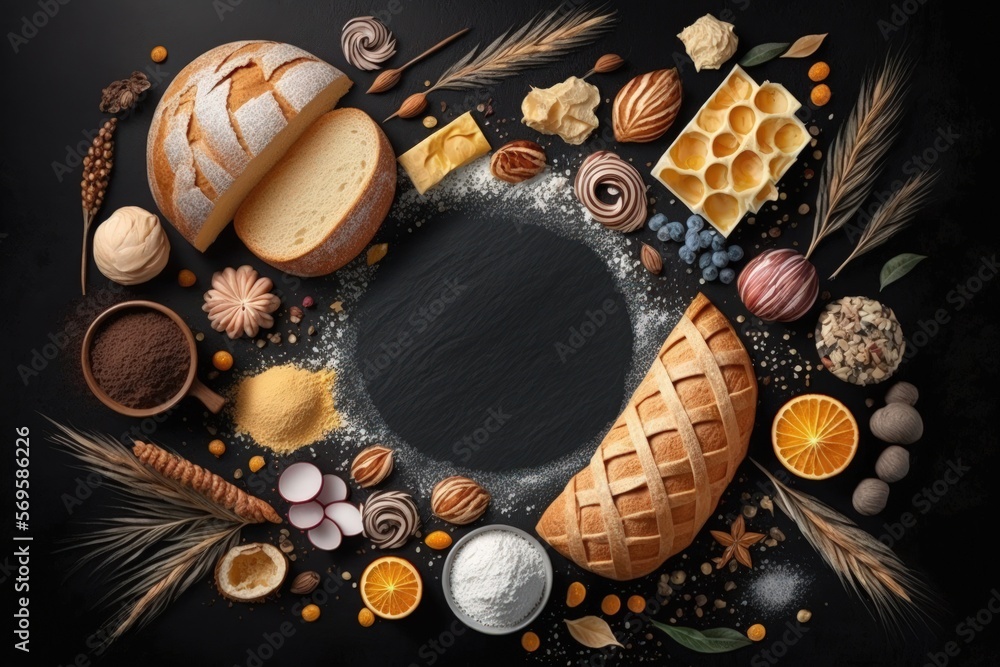 Poster bread and bakery ingredients with a top view and a copy place for text input on a black stone backgr