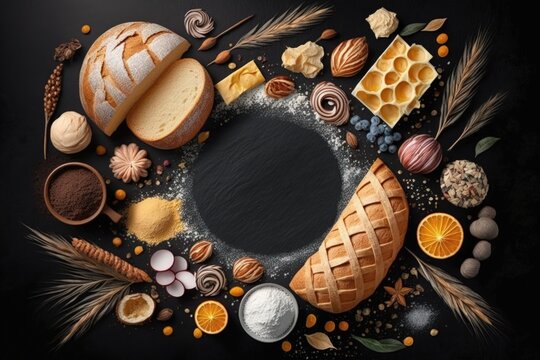 bread and bakery ingredients with a top view and a copy place for text input on a black stone background. Generative AI