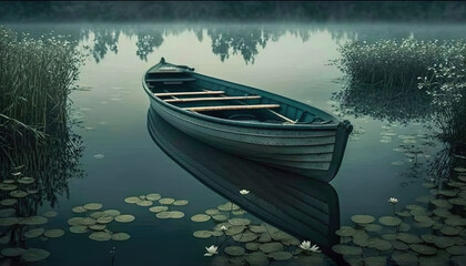 Obraz premium a small boat floating on top of a lake surrounded by lily paddling and a row boat on the water's edge with a rowboat in the foreground. Generative AI