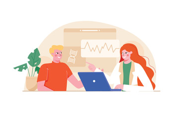 Doctors appointment orange concept with people scene in the flat cartoon style. Doctor explains to the patient what is shown on his cardiogram. Vector illustration.