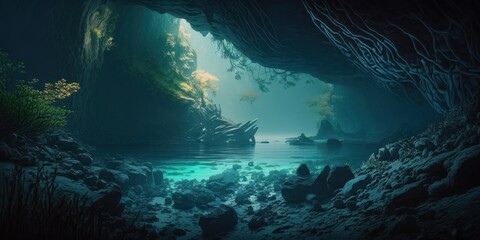 Fototapeta na wymiar Beautiful underwater environment. Half Underwater, Endless Ocean: A Wide Shot into the Mysterious Deep. 