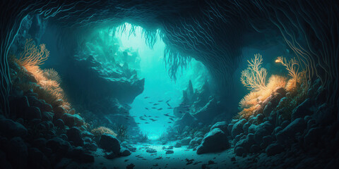 Fototapeta na wymiar Beautiful underwater environment. Half Underwater, Endless Ocean: A Wide Shot into the Mysterious Deep. 
