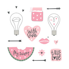 Clipart set of elements for st. Valentines day, wedding, love concept. Perfect for scrapbooking, greeting card, stickers, party invitation, gift tags