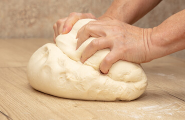 Hand kneading flour dough.