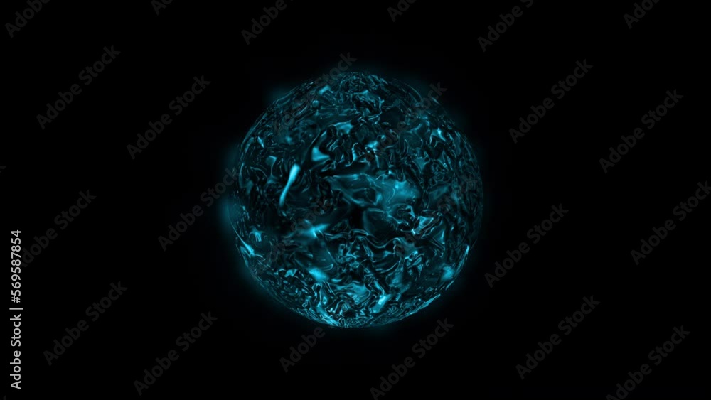 Poster abstract loop blue plasma energy planet sphere on black background. 4k 3d rendering seamless loop an