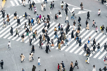 Crowded Japanese people, Asian traveler walk cross road at Shibuya scramble crossing. Tokyo tourist...