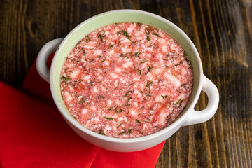 Borscht cooked with red beetroot with sour cream