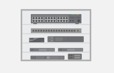 Baie informatique avec un switch RJ-45, un modem, un PABX/IPBX et d'autres appareils