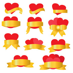 Red hearts with golden ribbons
