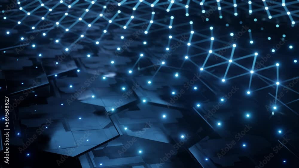 Poster futuristic hexagon background. abstract blue hexagonal pattern. neon dot light. data visualization. 