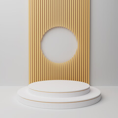The white circular podium looks luxurious, decorated with gold, and the back is finished with a slat. 3D Rendering