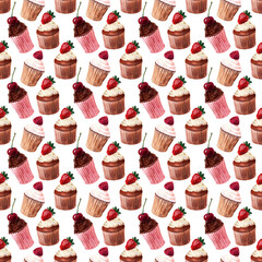 Watercolor seamless pattern with buns, cream cupcakes and ripe strawberries, raspberries and cherries